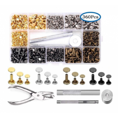 Leather Rivets Kit,360 Sets Double Brass Rivets Leather Studs With Setting Tools For Leather Repair & Crafts,4 Colors&3sizes